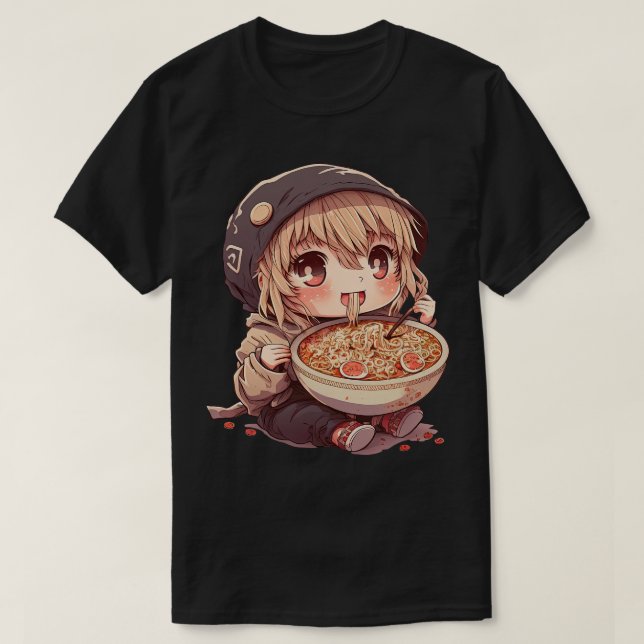 Camiseta Garota Bonita Comendo Ramen Noodles Kawaii Animes  (Frente do Design)