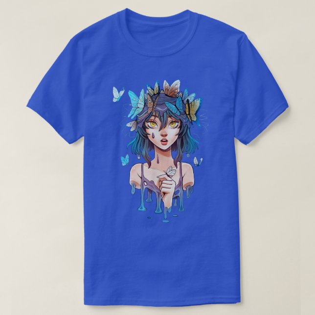 Camiseta Garota bonita de cartoon com borboletas voadoras (Frente do Design)