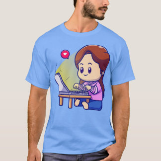 Camiseta Garota Bonita Trabalhando Em Cartografia De Laptop