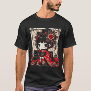 Camiseta Garota Chibi Kimono Gato Preto Flores Arte Japones