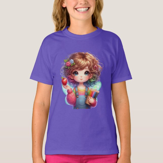 Camiseta Garota Colorida Pronta para Diversão Escolar (Frente)