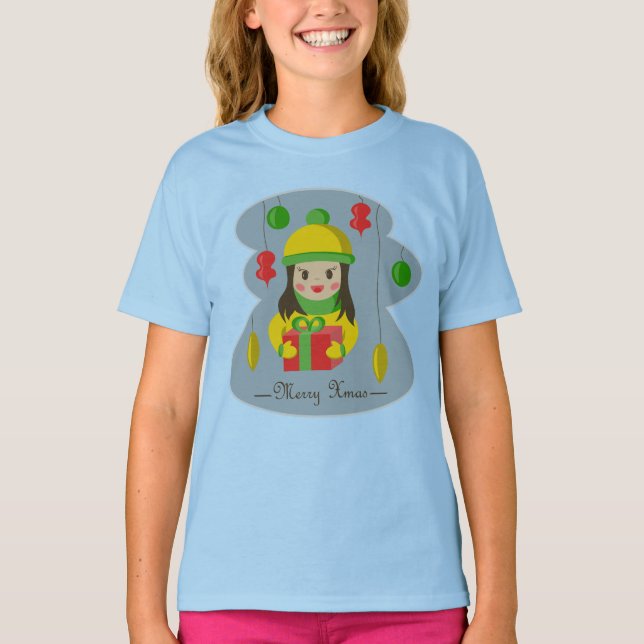 Camiseta Garota com caixa de presentes de Natal (Frente)