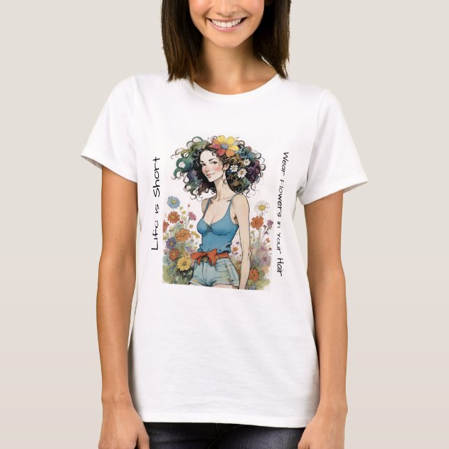 Camiseta Garota com flores silvestres no cabelo (Frente)