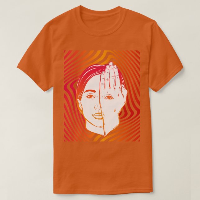 Camiseta Garota Com Olho Em Mão Psicodélica Backgrão Hiponé (Frente do Design)