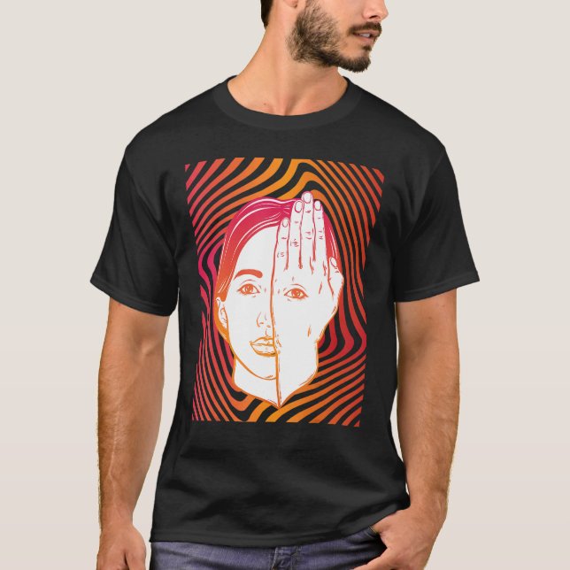 Camiseta Garota Com Olho Em Mão Psicodélica Backgrão Hiponé (Frente)