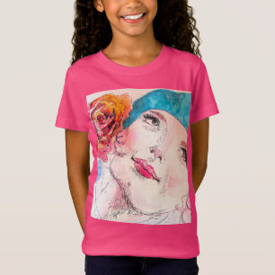 Camiseta Garota com Rosa vermelha Beret Watercolor Girls Qu