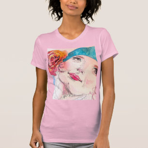Camiseta Garota com Rosa vermelha Beret Watercolor Girls Ro