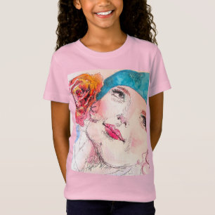 Camiseta Garota com Rosa vermelha Beret Watercolor Girls Ro