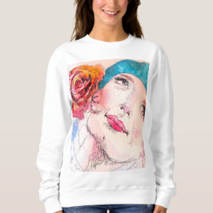 Camiseta Garota com Rosa vermelha Beret Watercolor Girls Ro