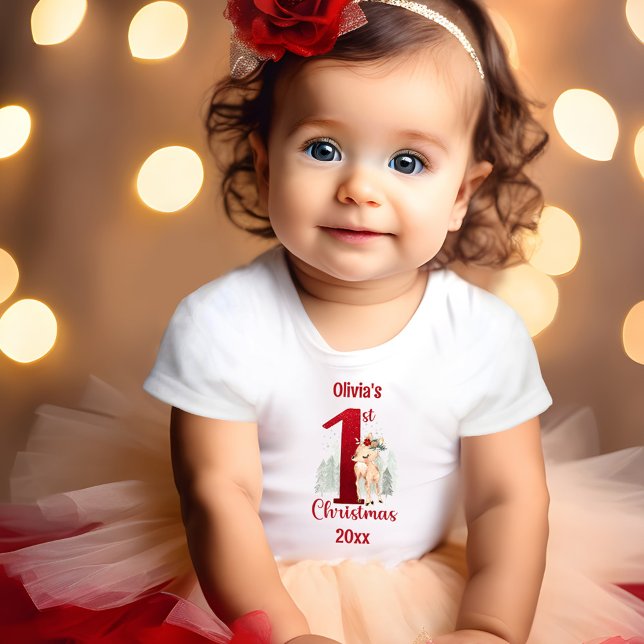Camiseta Garota da Floresta de Cerveja de Natal de 1rua (1st Christmas Cute Deer Forest Girl Name Baby T-Shirt)