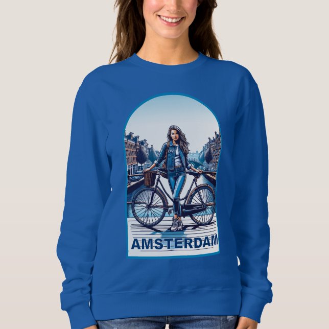 Camiseta Garota de Amsterdã com bicicleta na ponte (Frente)
