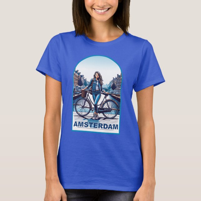 Camiseta Garota de Amsterdã com bicicleta na ponte (Frente)