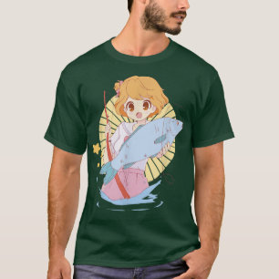 Camiseta Garota de Animação Bonita pescando