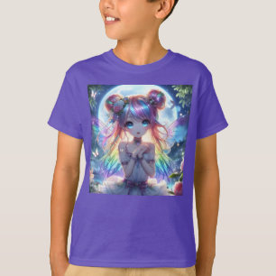 Camiseta Garota de Anime Cabelo Arco-íris Cantando Fada da 
