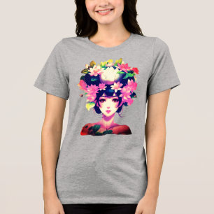 Camiseta Garota de Anime Coroada com Flores de Lótus