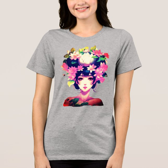 Camiseta Garota de Anime Coroada com Flores de Lótus (Frente)