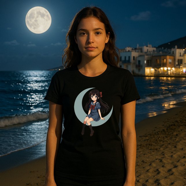 Camiseta Garota de Anime Sentada em uma Lua Crescente (Criador carregado)