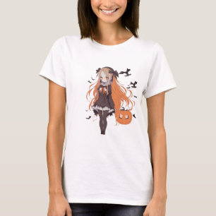 Camiseta Garota de Anime Vintage de Halloween com Morcegos