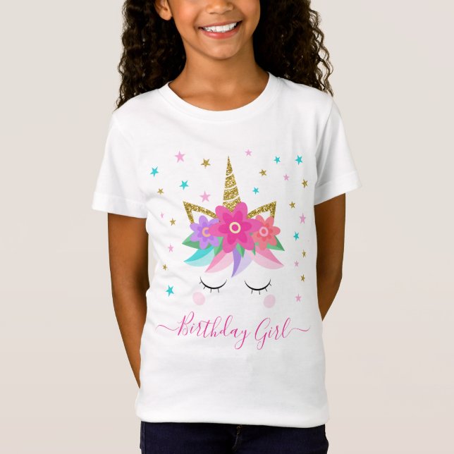 Camiseta Garota de aniversário floral do Unicorn Face (Frente)