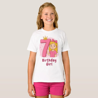 Camiseta Garota de aniversário rosa 7 com coroa e Arco