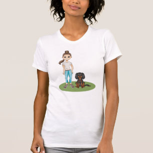 Camiseta Garota De Cartoon E Cão-De-Cavalier-Espanhol-Negr