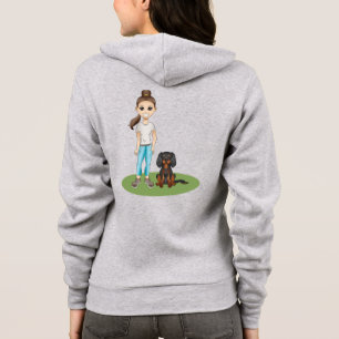 Camiseta Garota De Cartoon E Cão-De-Cavalier-Espanhol-Negro