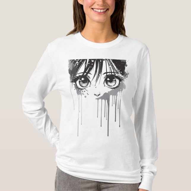 Camiseta Garota de Mangá com Olhar Encharcado de Tinta (Frente)
