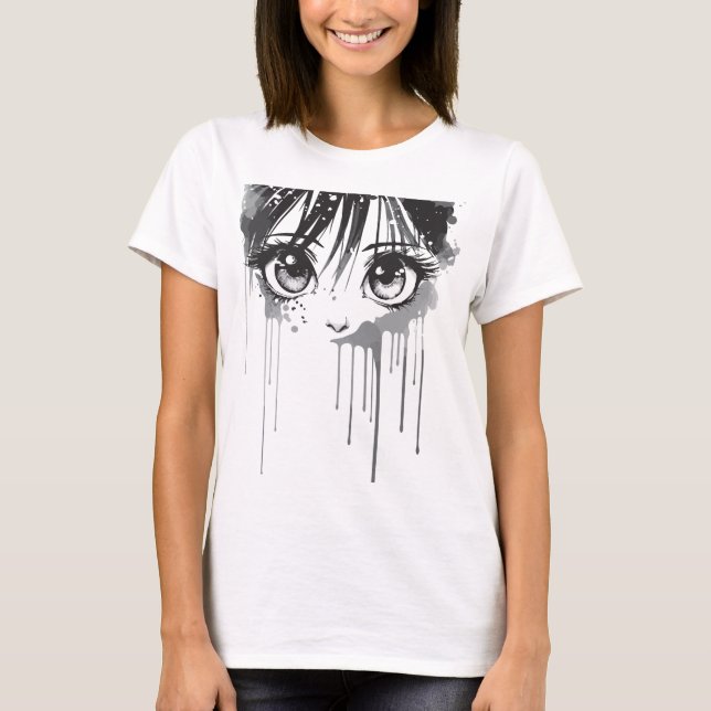 Camiseta Garota de Mangá com Olhar Encharcado de Tinta (Frente)
