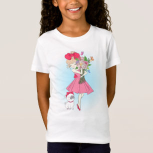 Camiseta Garota de Moda Bonita com Pug e Flores