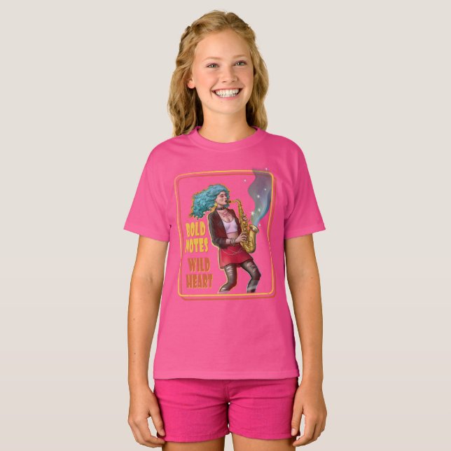 Camiseta Garota de Música Legal – Notas Ousadas, Coração Se (Frente Completa)