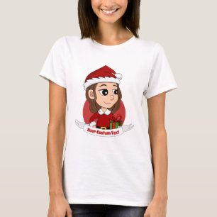 Camiseta Garota de Natal com cabelo ondulado castanho