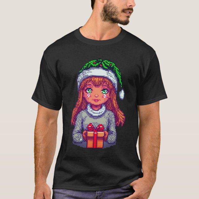 Camiseta Garota de Natal fofa pixelart (Frente)