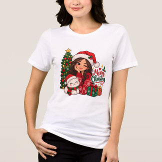 Camiseta Garota de Natal Fofo e Gato Confortável Férias