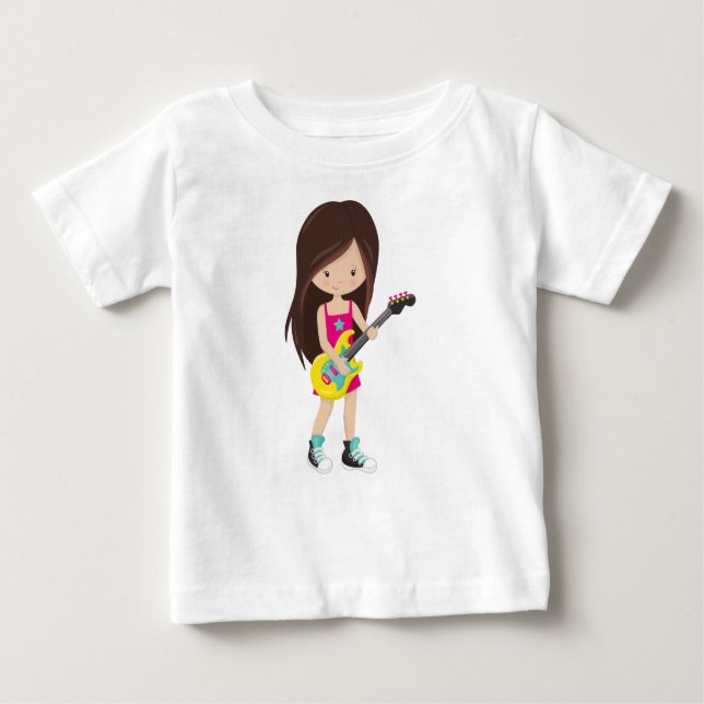 Camiseta Garota de Rock, Cabelo Castanho, Tocadora de Guita (Frente)