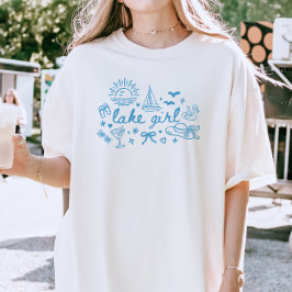 Camiseta "Garota do Lago" Moderno Script Azul Doodles Fofo 