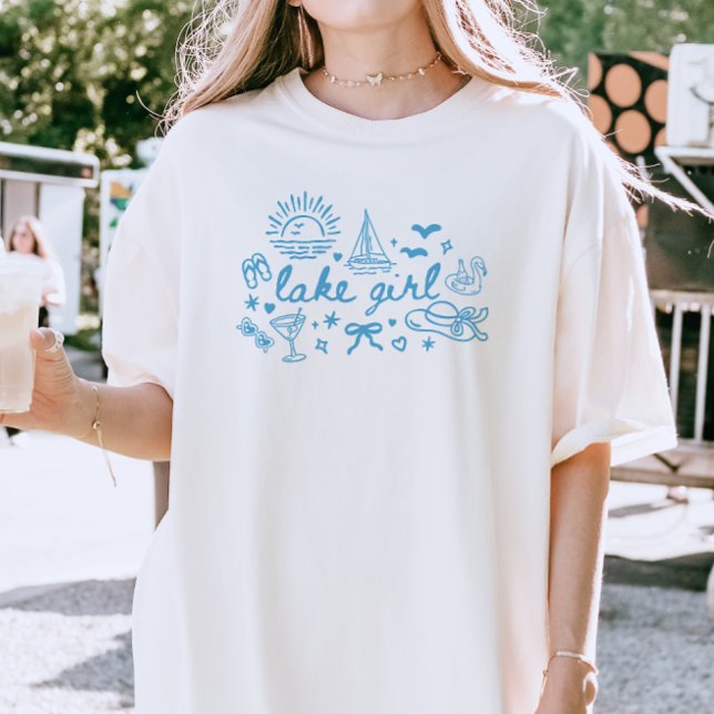 Camiseta "Garota do Lago" Moderno Script Azul Doodles Fofo  (Criador carregado)