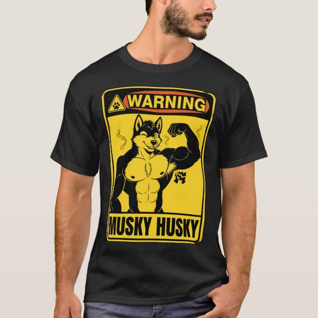 Camiseta garota do sinal de aviso de antropo husky almíscar (Frente)