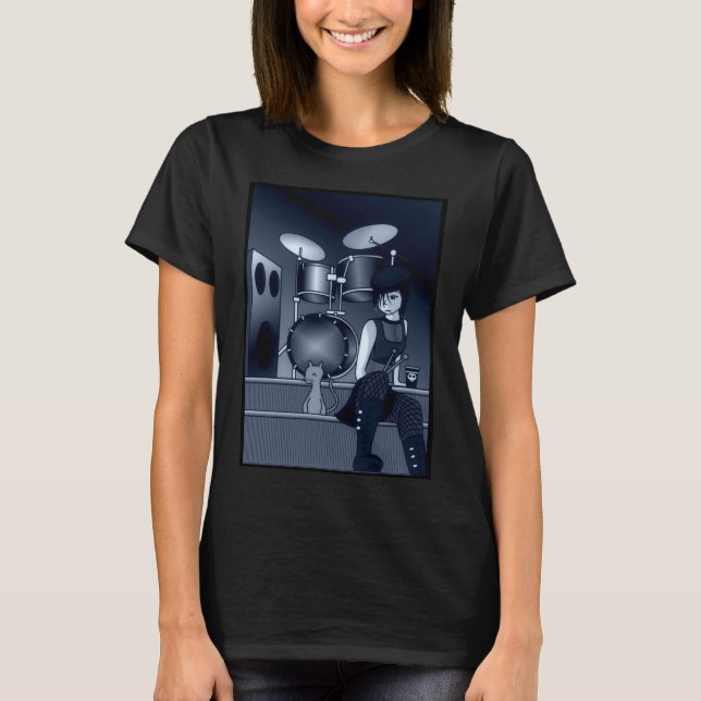 Camiseta Garota Drummer e Gato (Frente)