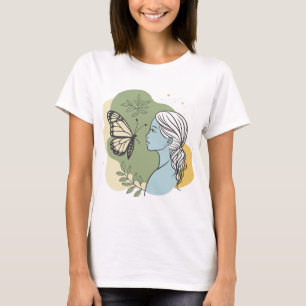 Camiseta Garota e borboleta. Gentil e romântico
