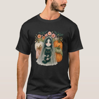 Camiseta Garota Fantasma Gótica com Abóboras de Gato Vintag