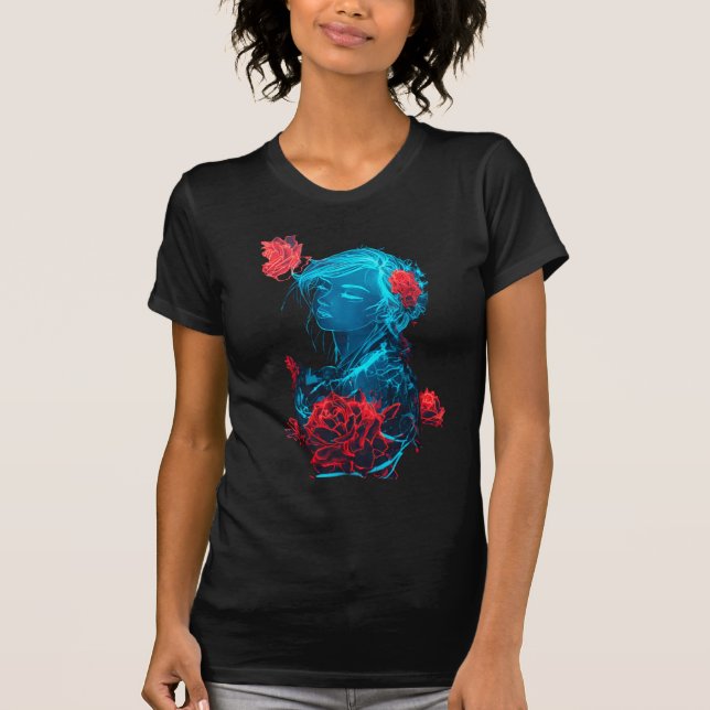 Camiseta Garota Fantasma Neon com Rosas Vermelhas. (Frente)