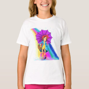 Camiseta Garota fazenda com guarda-chuva e galo na chuva