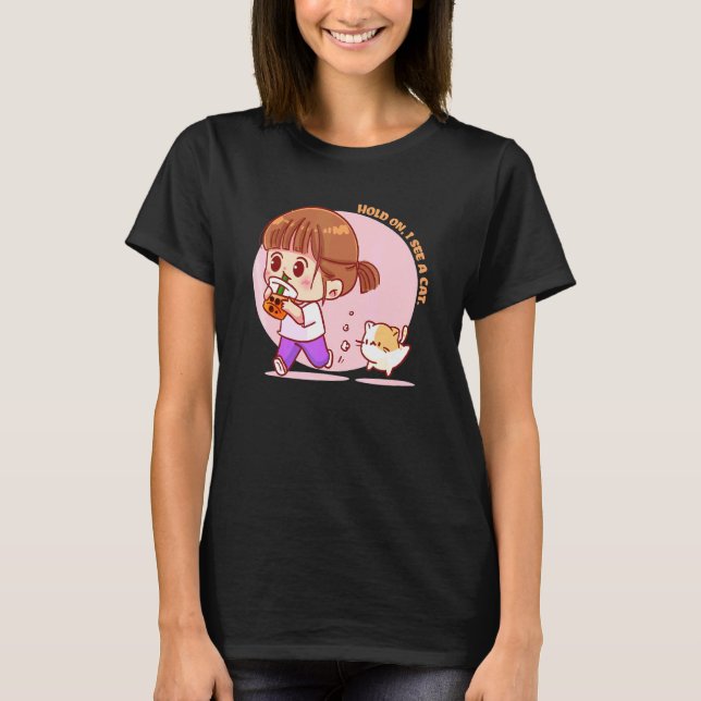 Camiseta Garota Feliz Bebendo Chá Bubble e Diz Espera aí  (Frente)