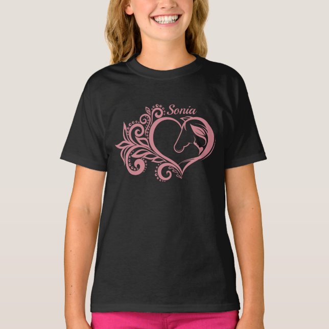 Camiseta Garota Feminina de Cavalo de Coração Rosa Coquette (Frente)