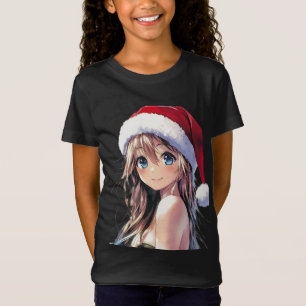 Camiseta Garota Festiva Santa Hat com Olhos Azuis Brilhante