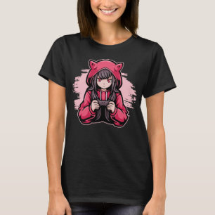 Camiseta Garota Gamer de Anime Fofa com Capuz de Gato Rosa