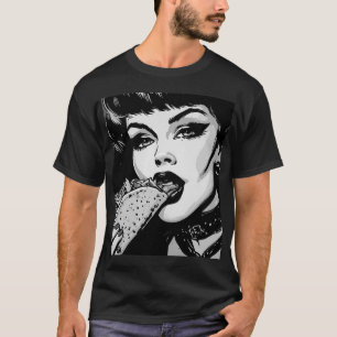 Camiseta Garota Gótica dos Anos 50 em BW com Estilo Gráfico