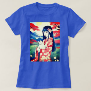 Camiseta Garota japonesa com um gato branco