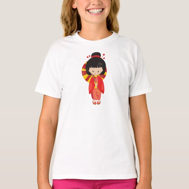Camiseta Garota japonesa, japonesa bonita, Red Kimono (Frente)
