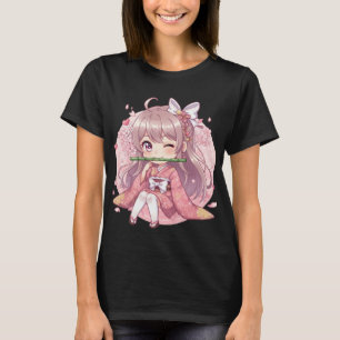 Camiseta Garota Kawaii Chibi Fofa de Quimono Rosa com Cerej
